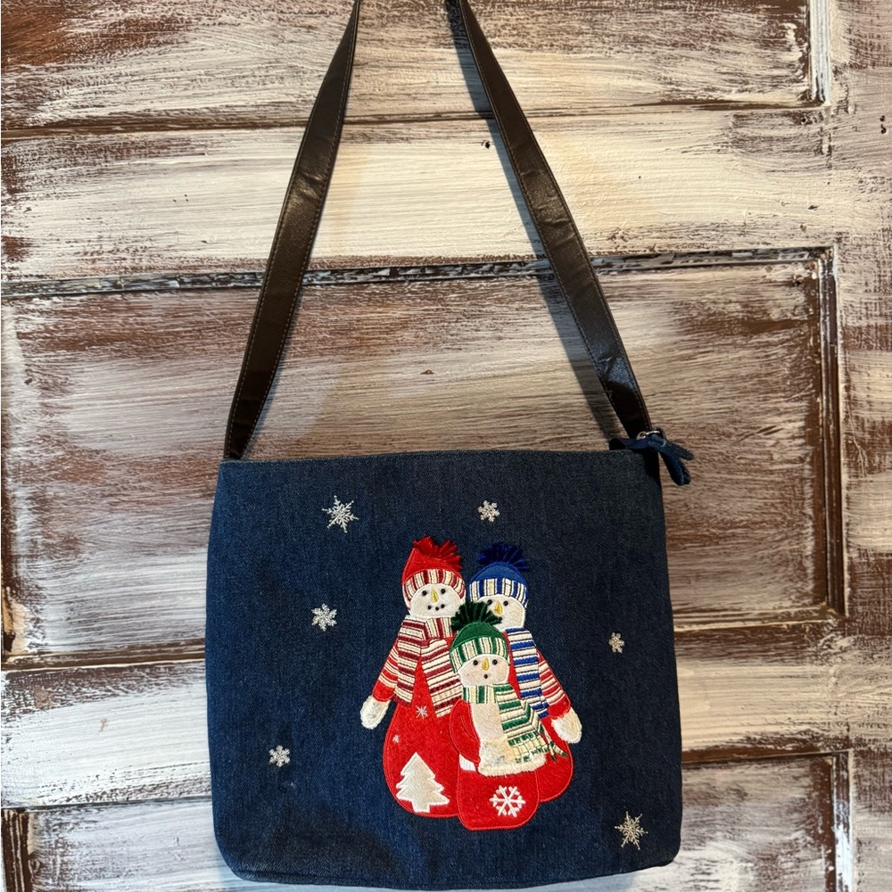 Kim Rogers Festive Denim Shoulder Bag with Snowman Design